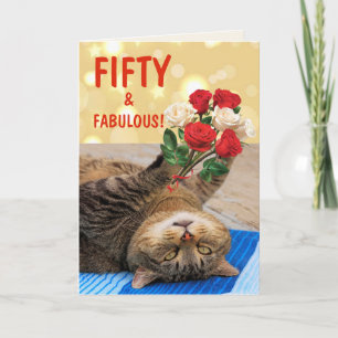 Cat And Roses Fiftieth Birthday Card