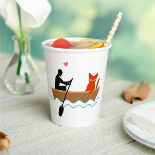 Cat and Rower in Boat Funny Whimsical Pet Lover  Paper Cups