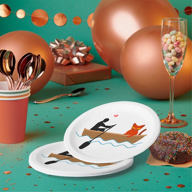 Cat and Rower in Boat Funny Whimsical Pet Lover  Paper Plate (Creator Uploaded)