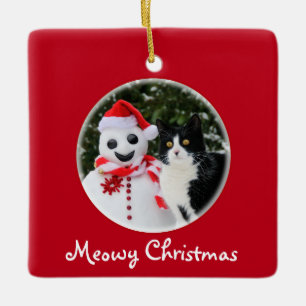 Cat and Santa Snowman Christmas Funny Meowy - Ceramic Tree Decoration