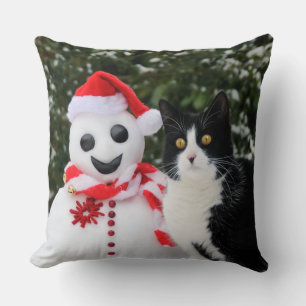 Cat and Santa Snowman Christmas Funny Photo Cushion