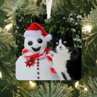 Cat and Santa Snowman Christmas Funny Photo - Metal Tree Decoration