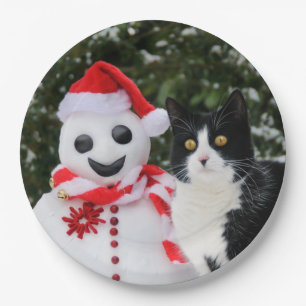 Cat and Santa Snowman Christmas, Happy Party Paper Plate