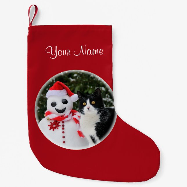 Cat and Santa Snowman Christmas Personalise mantle Small Christmas Stocking (Front)