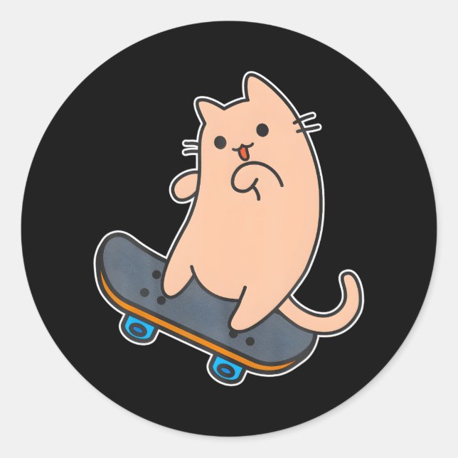 Cat and Skateboard Skateboarding Funny cartoon Classic Round Sticker (Front)