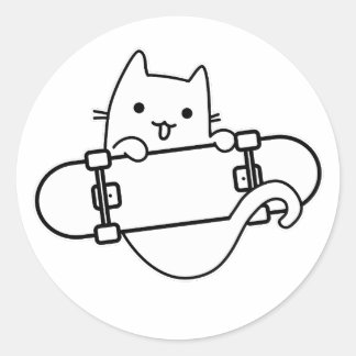 Cat and Skateboard Skateboarding Happy Cat Outline Classic Round Sticker