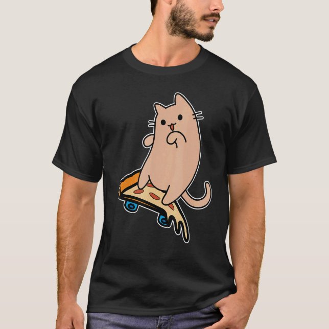 Cat and Skateboard Skateboarding Pepperoni Pizza B T-Shirt (Front)