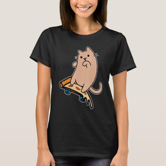 Cat and Skateboard Skateboarding Pepperoni Pizza B T-Shirt (Front)