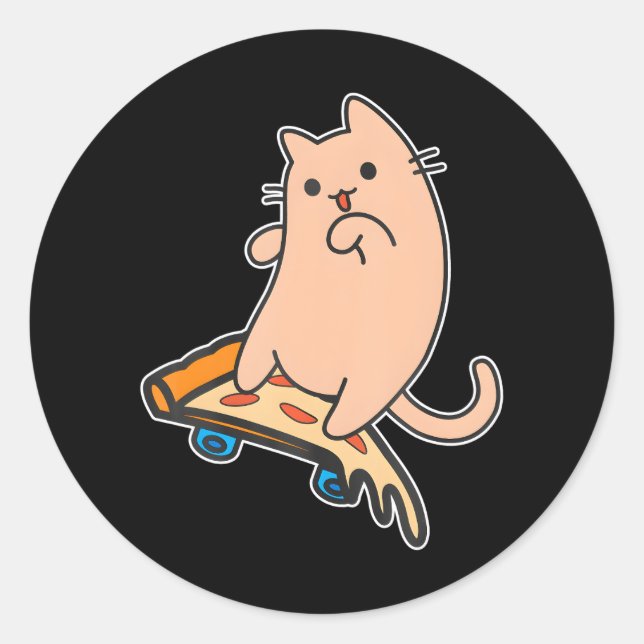 Cat and Skateboard Skateboarding Pepperoni Pizza Classic Round Sticker (Front)