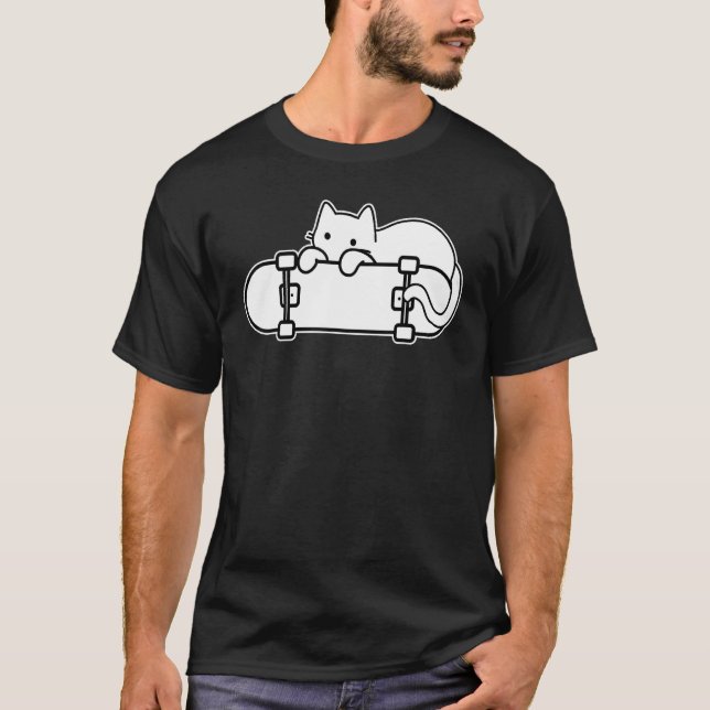 Cat and Skateboard Skateboarding Shy Cat outline T-Shirt (Front)