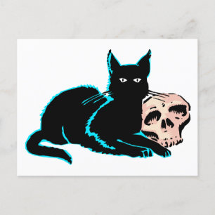 Cat and skull Halloween illustration Postcard