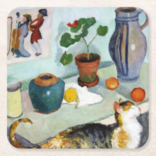 Cat and Still Life, August Macke Square Paper Coaster