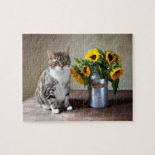 Cat and Sunflowers Jigsaw Puzzle