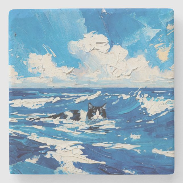 Cat And The Ocean (#6) Stone Coaster (Front)