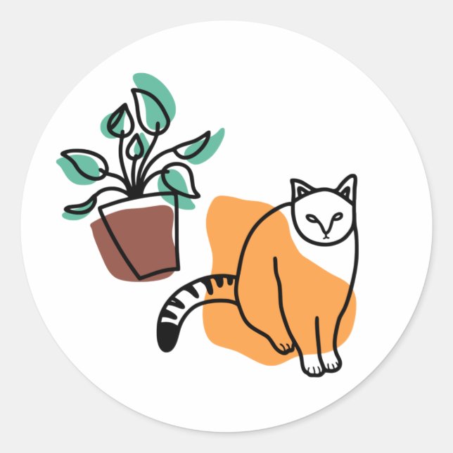 Cat and the plant classic round sticker (Front)