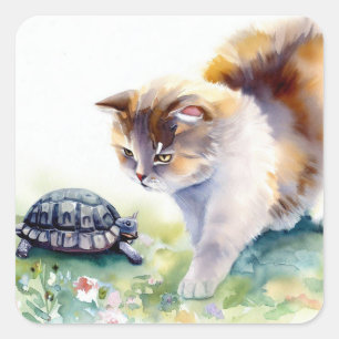 cat and tortoise square sticker