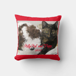 Cat and Toy Dog or Your Pet Photo Red Trim Cushion