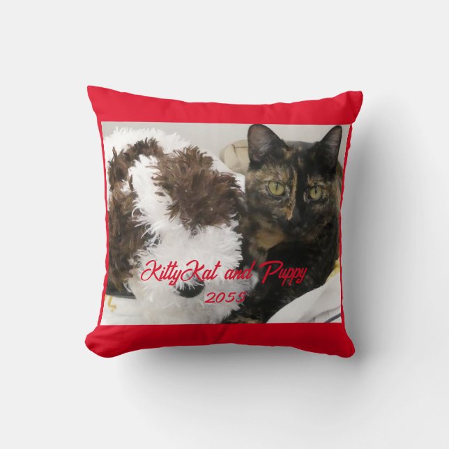 Cat and Toy Dog or Your Pet Photo Red Trim Cushion (Front)