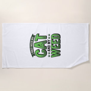 Cat And Weed Vintage Engraving T-Shirt Design_1 Beach Towel