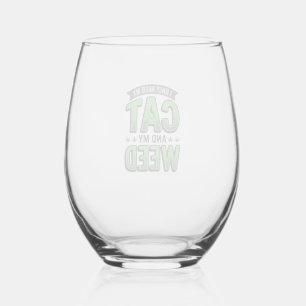 Cat And Weed Vintage Engraving T-Shirt Design_1 Stemless Wine Glass