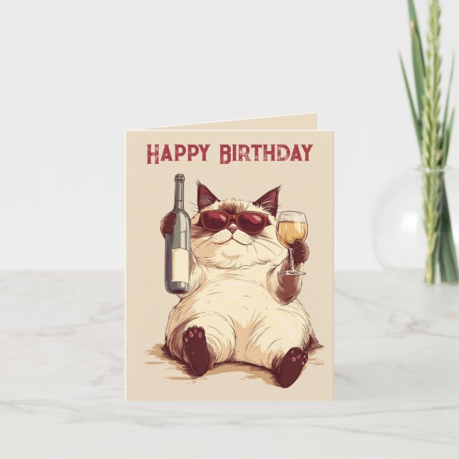 Cat and Wine Bottle Birthday Card (Front)
