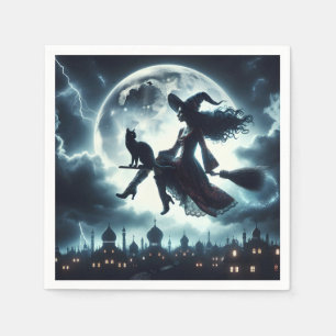 Cat and Witch Flying On a Broomstick Napkin