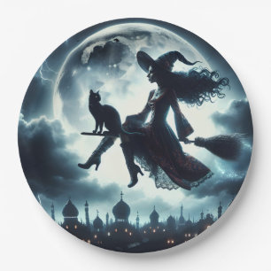 Cat and Witch Flying On a Broomstick Paper Plate