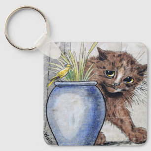 Cat and Yellow Small Bird, Louis Wain Key Ring