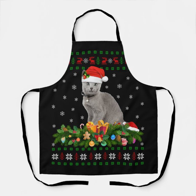 Cat Animal Lover Santa Hat Ugly Russian Blue Cat Apron (Front)