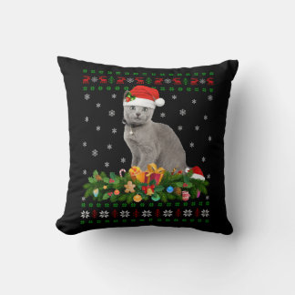 Cat Animal Lover Santa Hat Ugly Russian Blue Cat Cushion