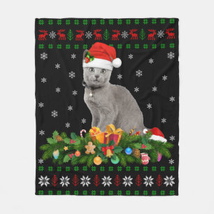 Cat Animal Lover Santa Hat Ugly Russian Blue Cat Fleece Blanket