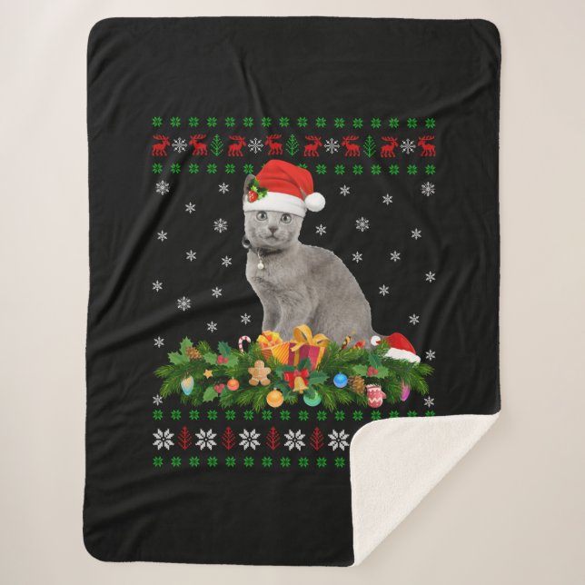 Cat Animal Lover Santa Hat Ugly Russian Blue Cat Sherpa Blanket (Front)