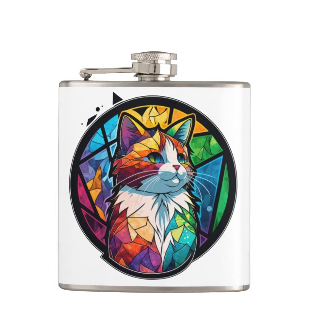 Cat Animal Portrait Stained Glass Wildlife Pet Art Hip Flask (Front)
