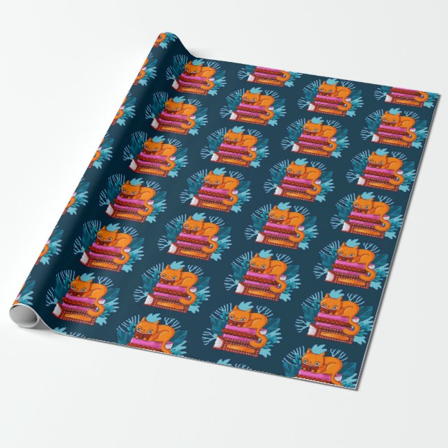 Cat Approved Books Teal Wrapping Paper (Unrolled)