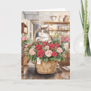 Cat arranging flower roses basket Valentine's Day Card