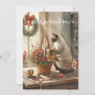 Cat arranging Winter Flowers for Christmas Holiday Card