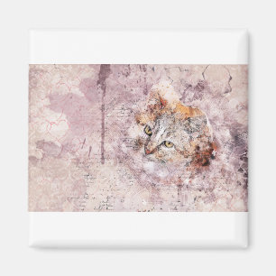 Cat Art Abstract Watercolor Vintage Nature Kitty Magnet