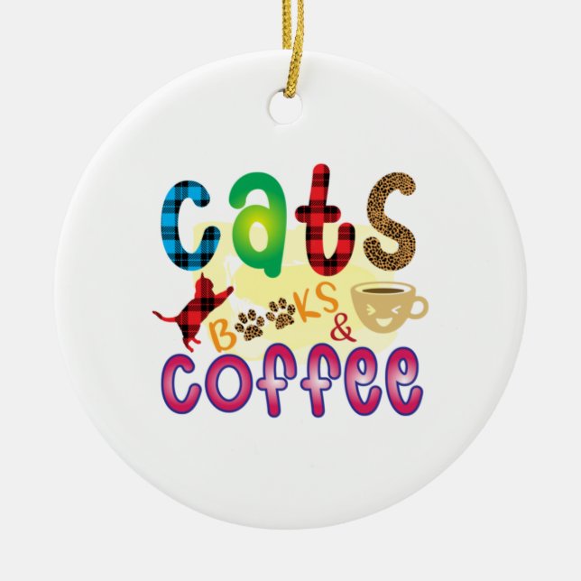Cat Art Cats Books Coffee Ceramic Tree Decoration (Front)