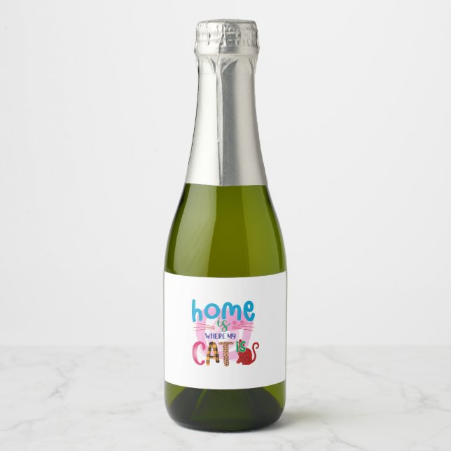 Cat Art Home Is Where My Cat Is Sparkling Wine Label (Front)