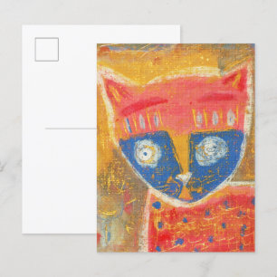 Cat art primitive postcard