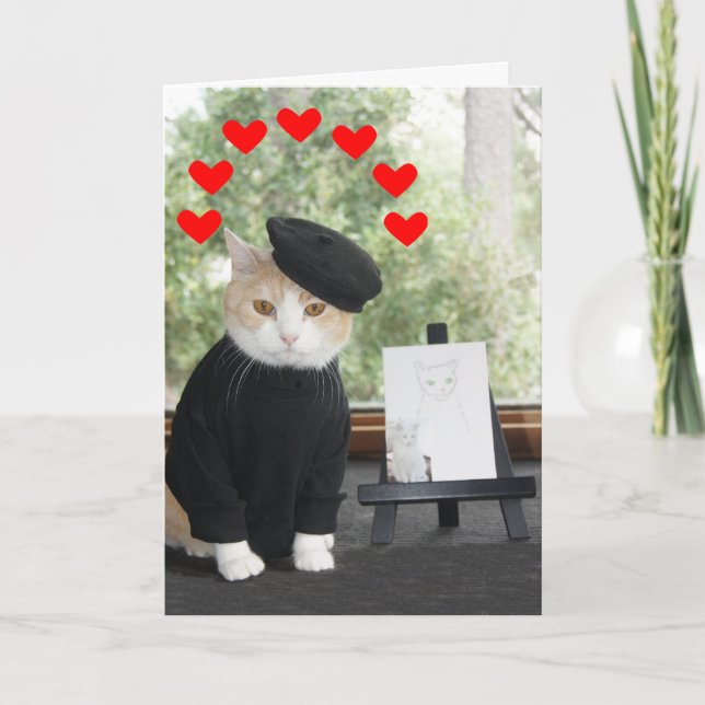 Cat Artist in Love Valentine Holiday Card (Front)