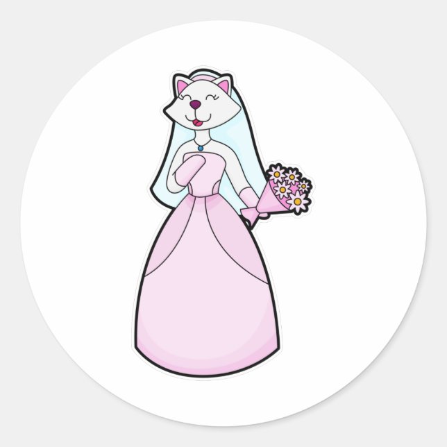 Cat as Bride with Bunch of Flowers Classic Round Sticker (Front)