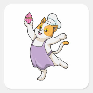 Cat as Cook with Cooking apron & Muffin Square Sticker
