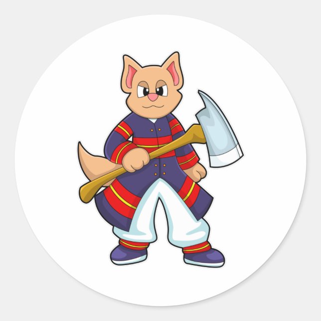 Cat as Firefighter at Fire department with Axe Classic Round Sticker (Front)