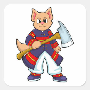 Cat as Firefighter at Fire department with Axe Square Sticker