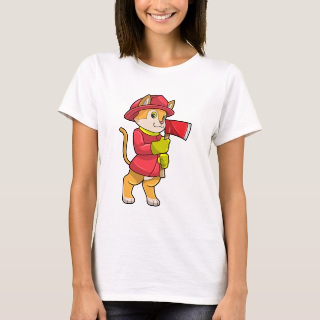 Cat as Firefighter with Ax T-Shirt (Front)