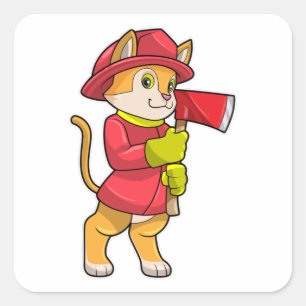 Cat as Firefighter with Axe Square Sticker