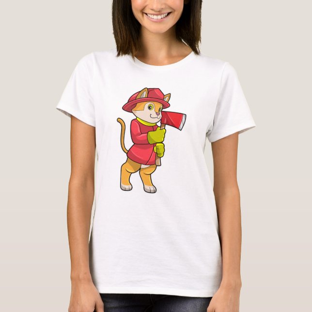Cat as Firefighter with Axe T-Shirt (Front)