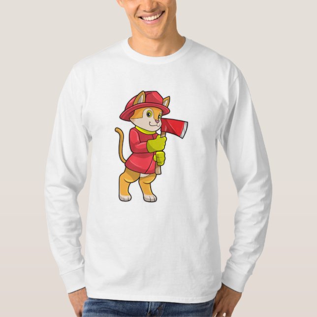 Cat as Firefighter with Axe T-Shirt (Front)