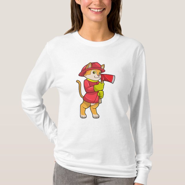 Cat as Firefighter with Axe T-Shirt (Front)